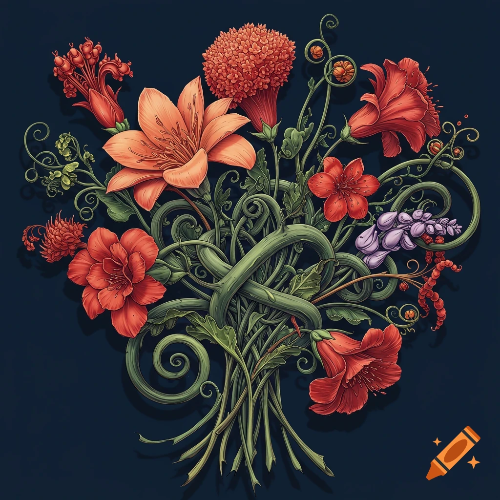 Digital illustration of a bouquet of red and orange flowers with twisted green stems on a dark background.