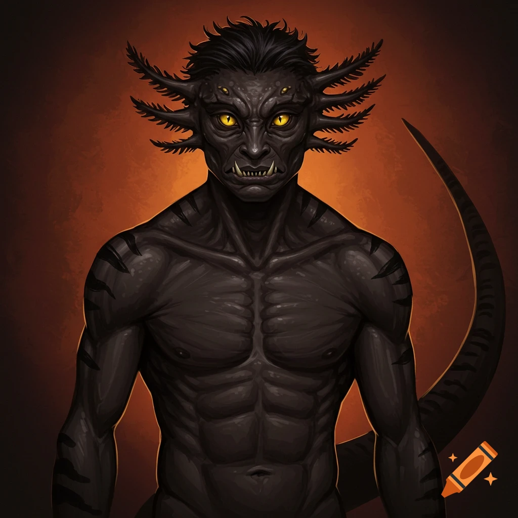 A dark fantasy creature with axolotl gills, yellow eyes, sharp teeth, defined muscles, and a tail.