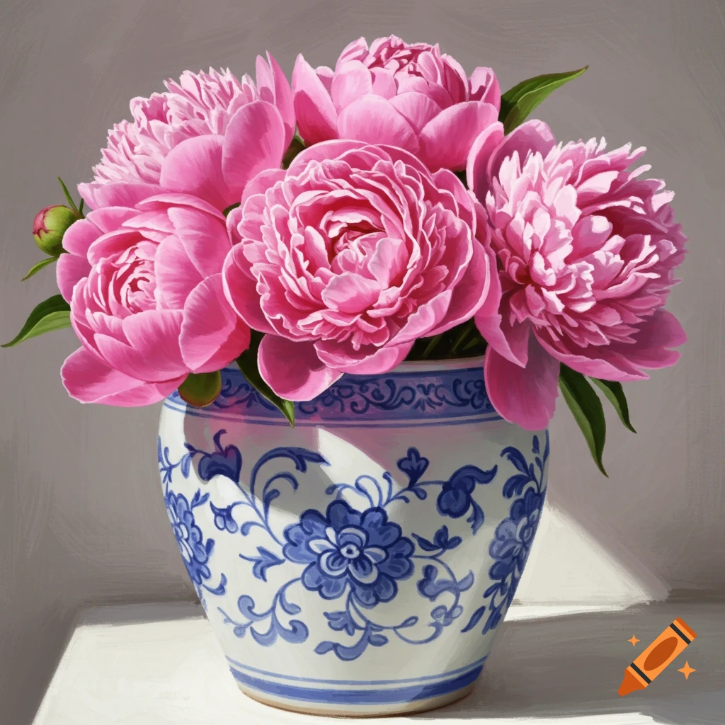 Pink peonies in a blue and white vase