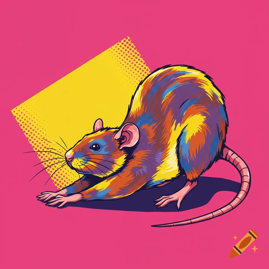 Colorful pop art illustration of a rat stretching.