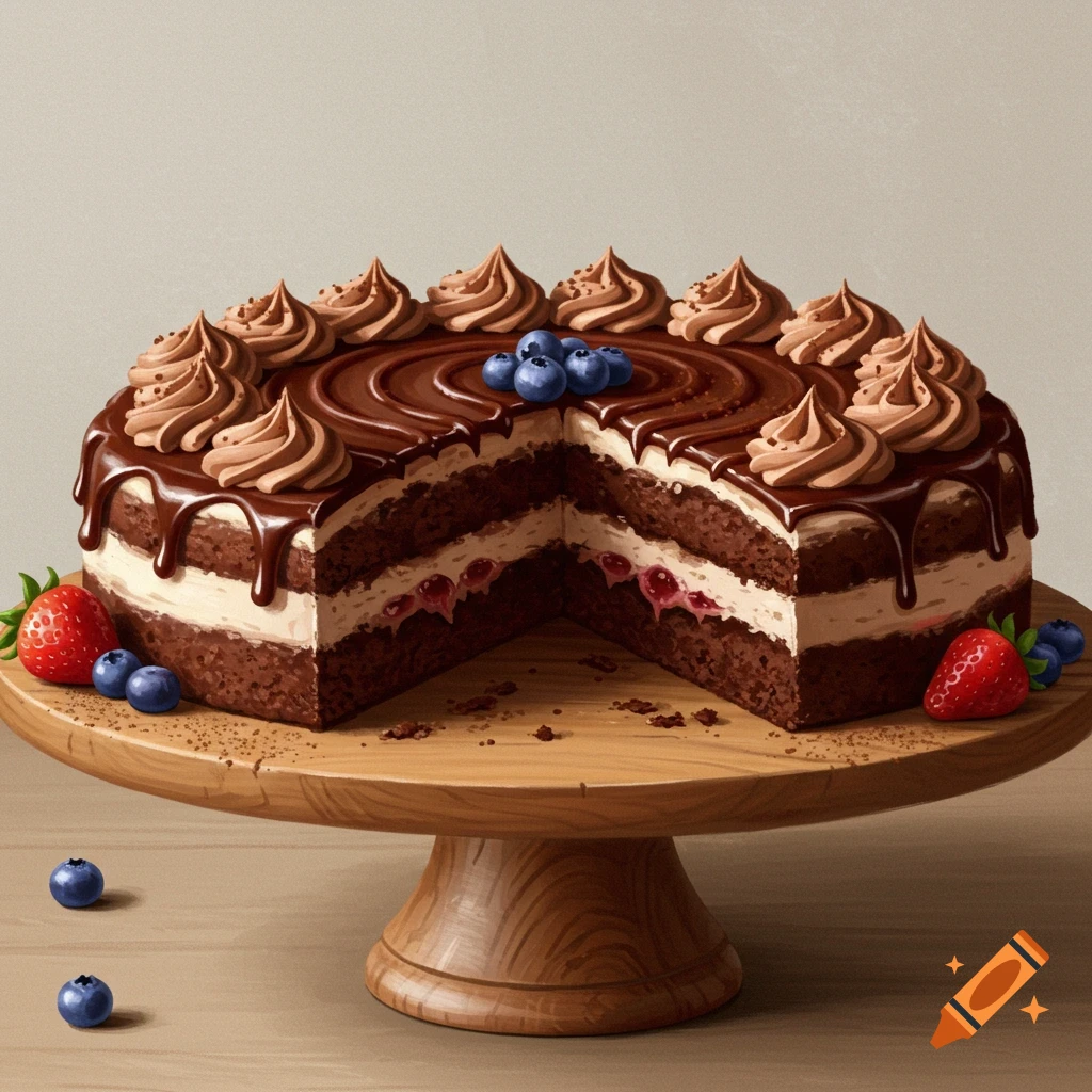 A chocolate cake with berries sits on a wooden stand.