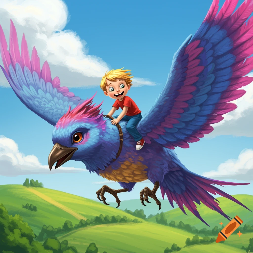 Young boy riding a large blue and purple fantasy bird flying over green hills, digital illustration style.