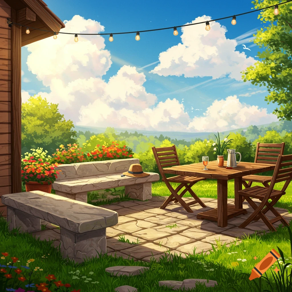 A backyard patio with a stone bench and a wooden table set with chairs.