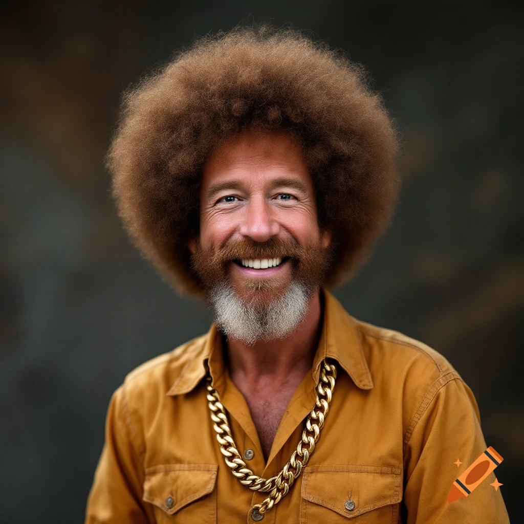 A man resembling Bob Ross with an afro and beard wears a gold chain and smiles in a photorealistic portrait.