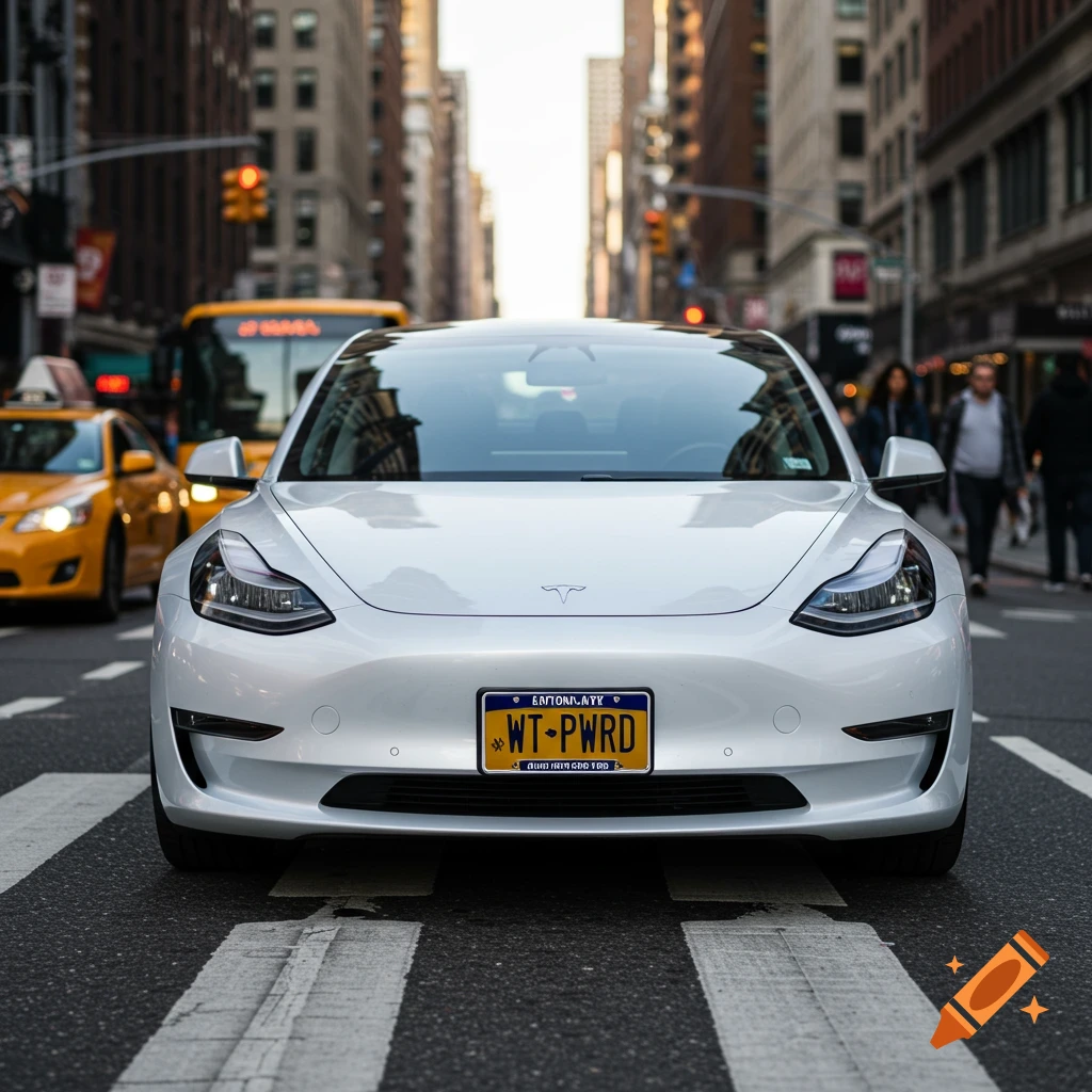 White Tesla Model 3 on a city street with a custom NY license plate