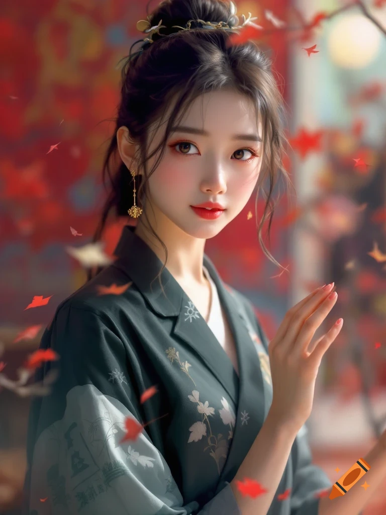 A young woman in traditional green attire is set against a red backdrop with falling leaves.