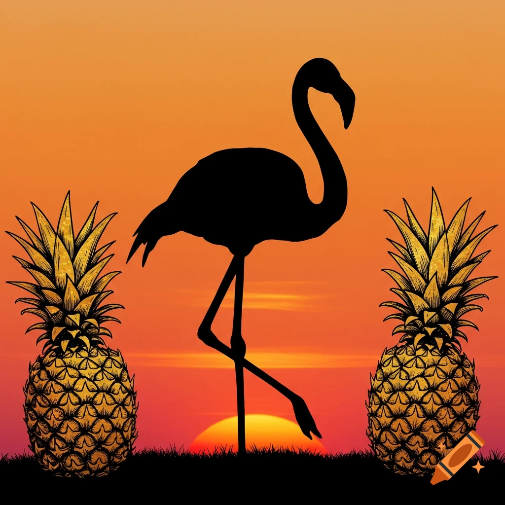 Black silhouette of a flamingo between two stylized golden pineapples at sunset.