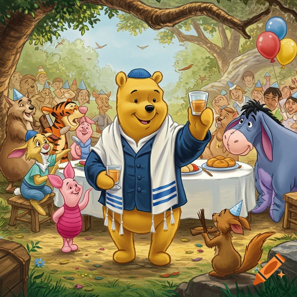 Winnie the Pooh in a suit and tallit holding a glass, celebrating with Piglet, Tigger, Eeyore, and friends in a forest.
