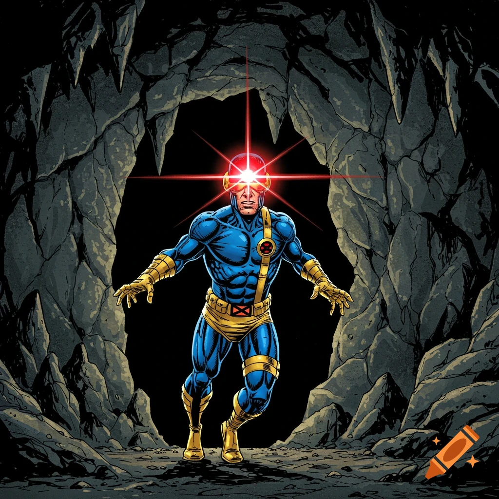 Cyclops in comic book style, stepping out of a cave entrance, firing optic blast