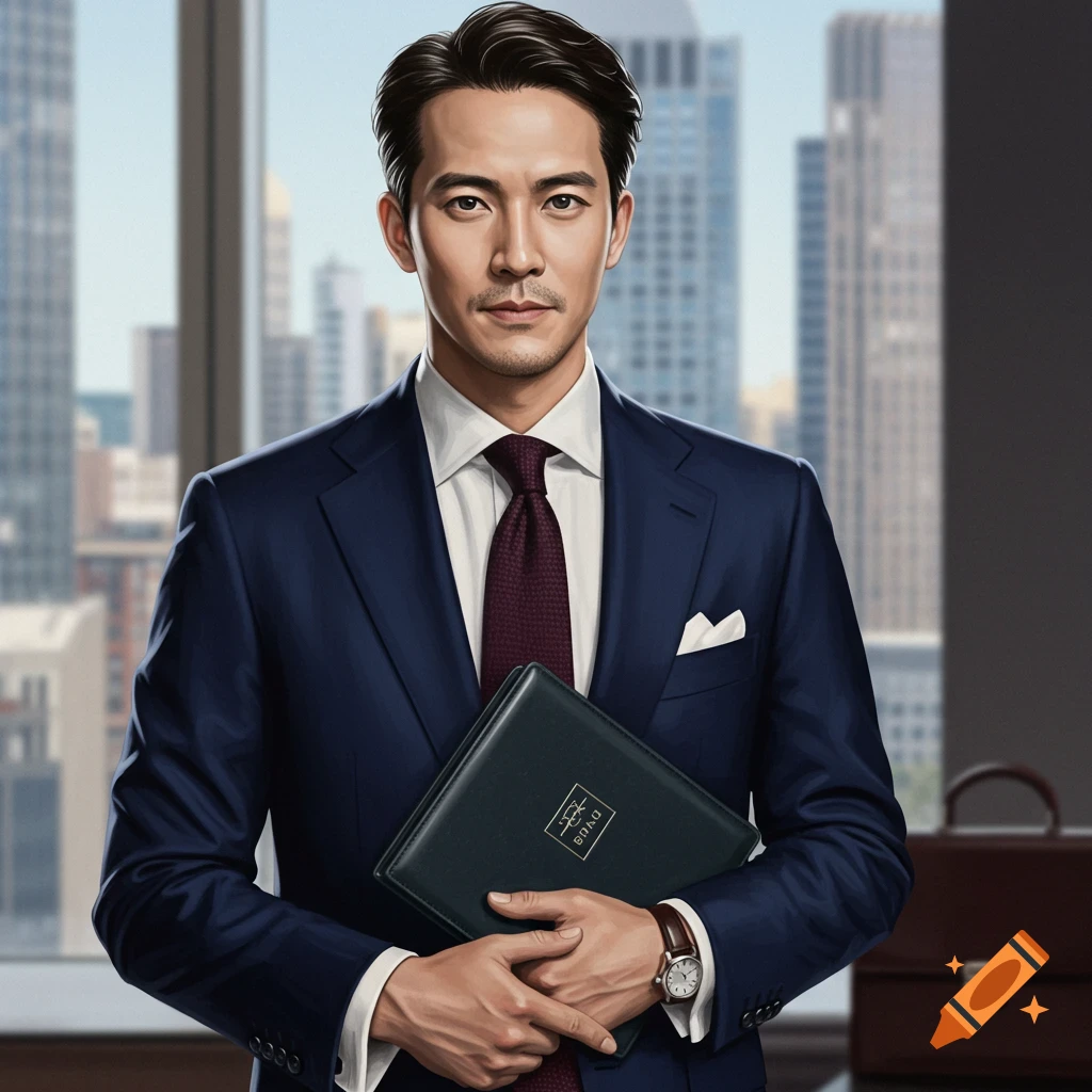 A man in a dark blue suit and red tie holds a folio by a window with a city skyline view.