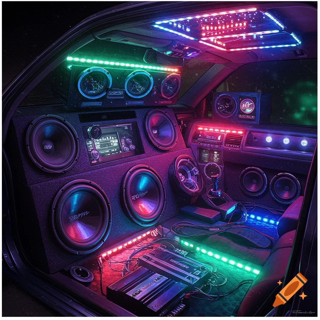 A custom car audio system with many subwoofers, speakers, amplifiers, and colorful LED lights.