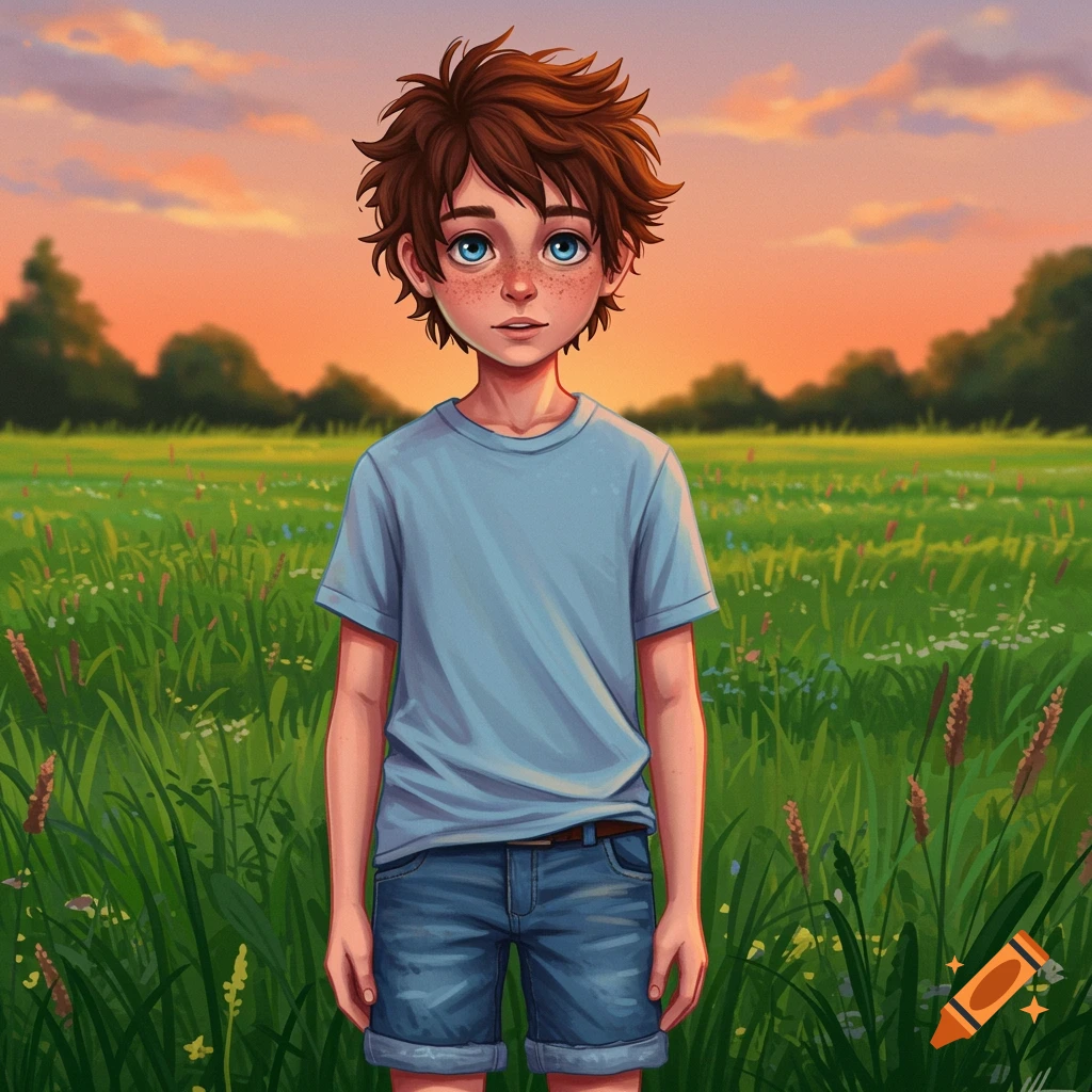 A young boy with freckles and messy brown hair stands in a grassy meadow at sunset.