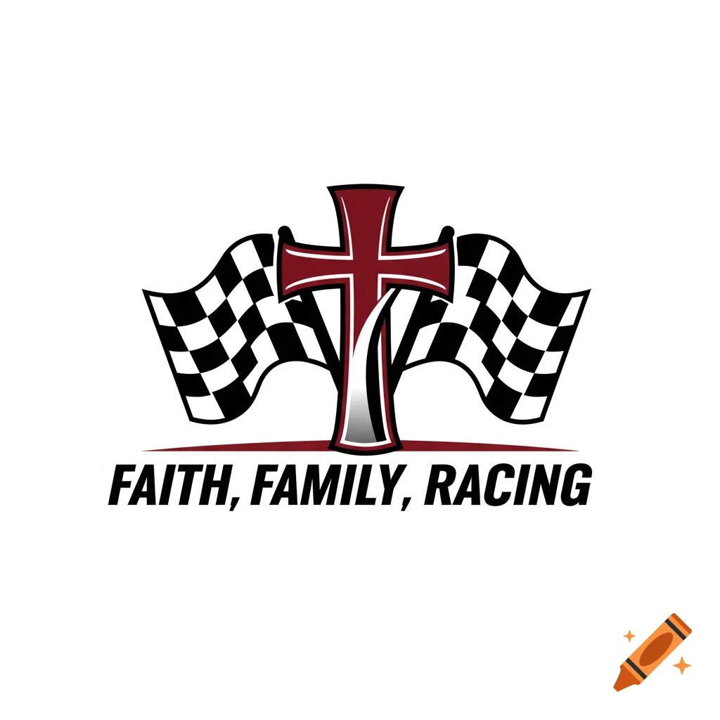Logo with a cross, checkered flags, and the text FAITH, FAMILY, RACING.