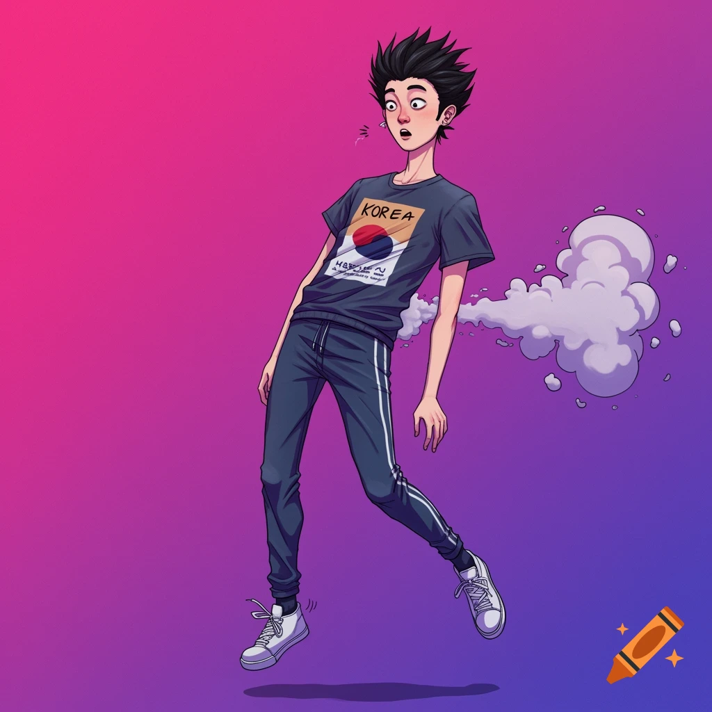 Cartoon man in Korean t-shirt farting and floating.