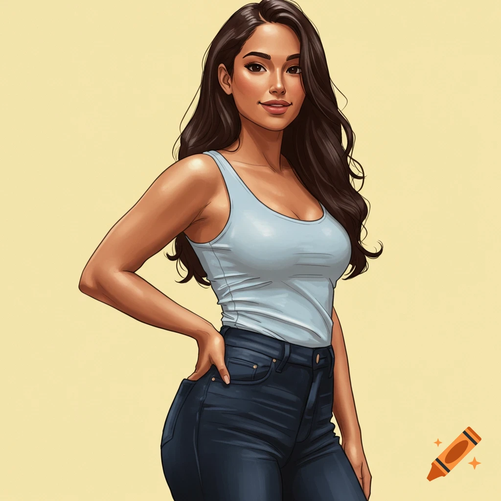 Woman with long dark hair wearing a light blue tank top and dark jeans.