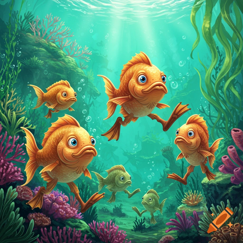Cartoon fish with legs walk on the ocean floor among coral and seaweed.