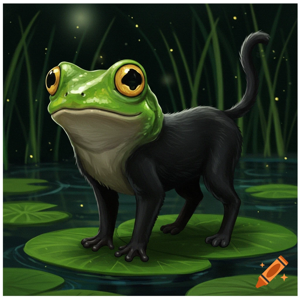 A green frog head on a black cat body, standing on lily pads in a dark pond with fireflies.