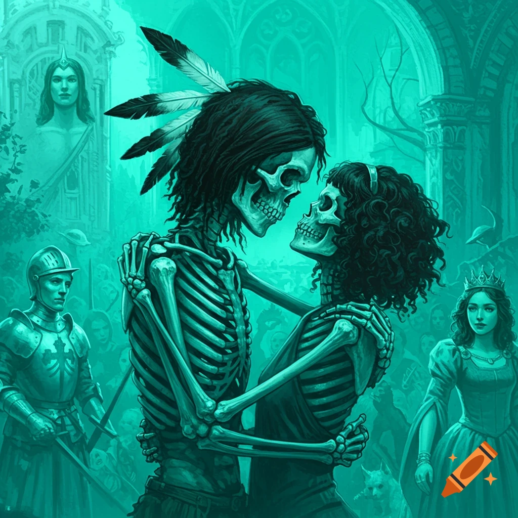Two skeletons embracing in a fantasy setting with a knight and princess.