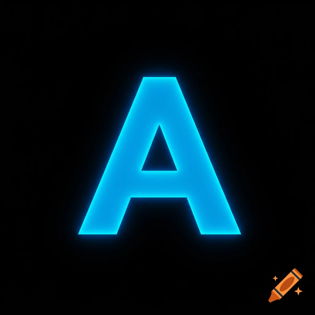 A large, glowing blue letter A on a black background