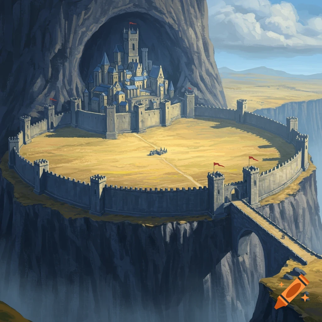A fantasy castle set into a cliff, surrounded by a circular wall overlooking a valley.