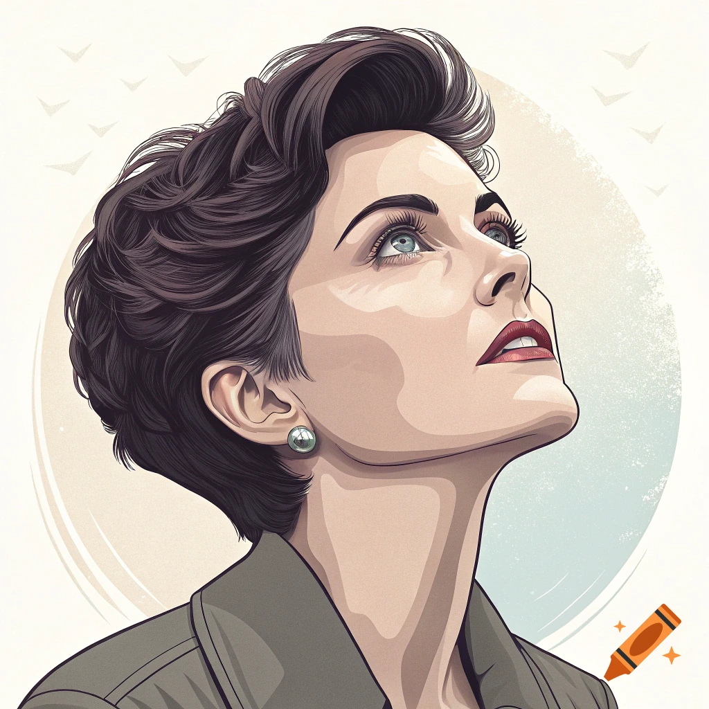 Stylized portrait of a woman with short dark hair looking up, in a Patrick Nagel style.