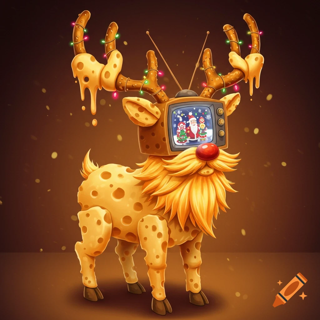A reindeer made of swiss cheese with a vintage TV screen for a head showing a christmas scene, adorned with christmas lights.