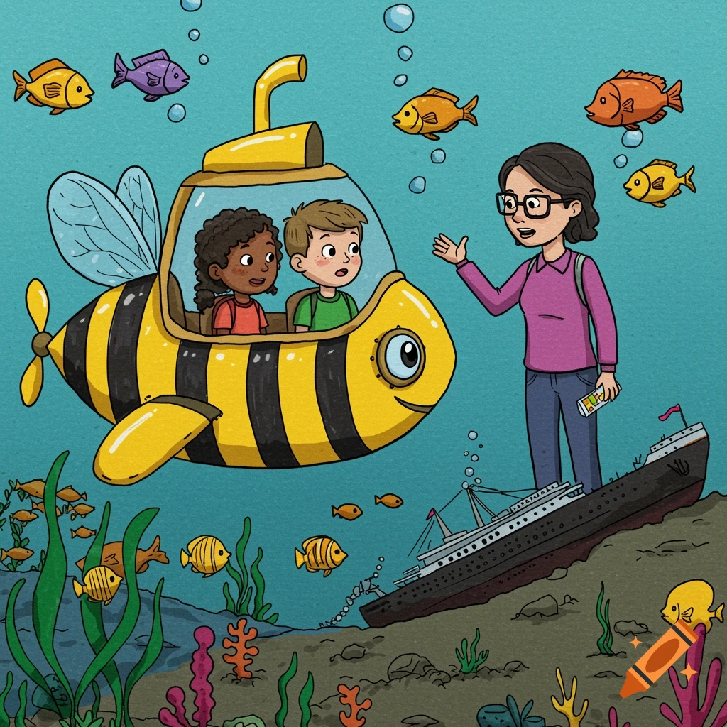 Cartoon of kids and teacher in a bee submarine underwater looking at fish and a shipwreck.
