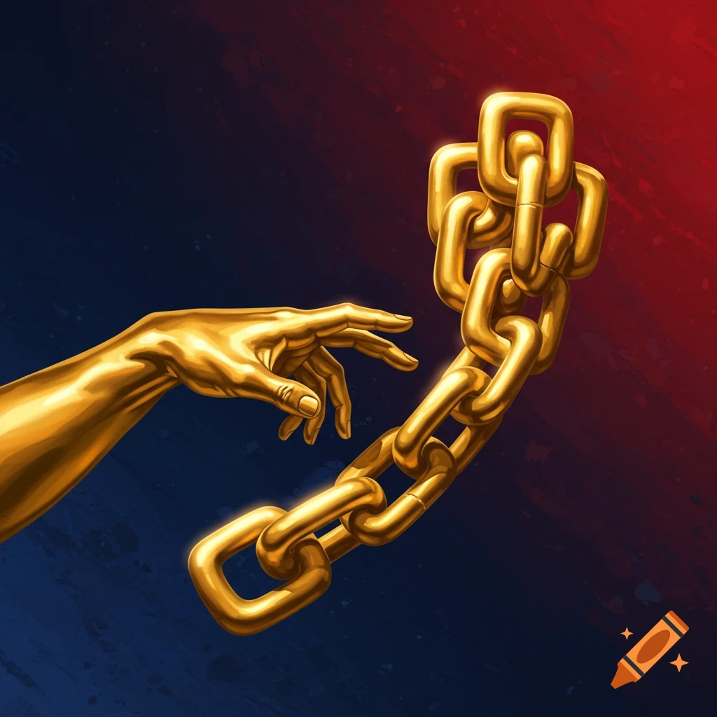 Golden hand reaches for golden chain against red and blue background.