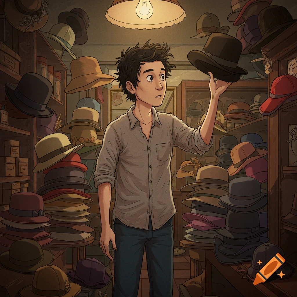 A person looking at a hat in a hat shop.