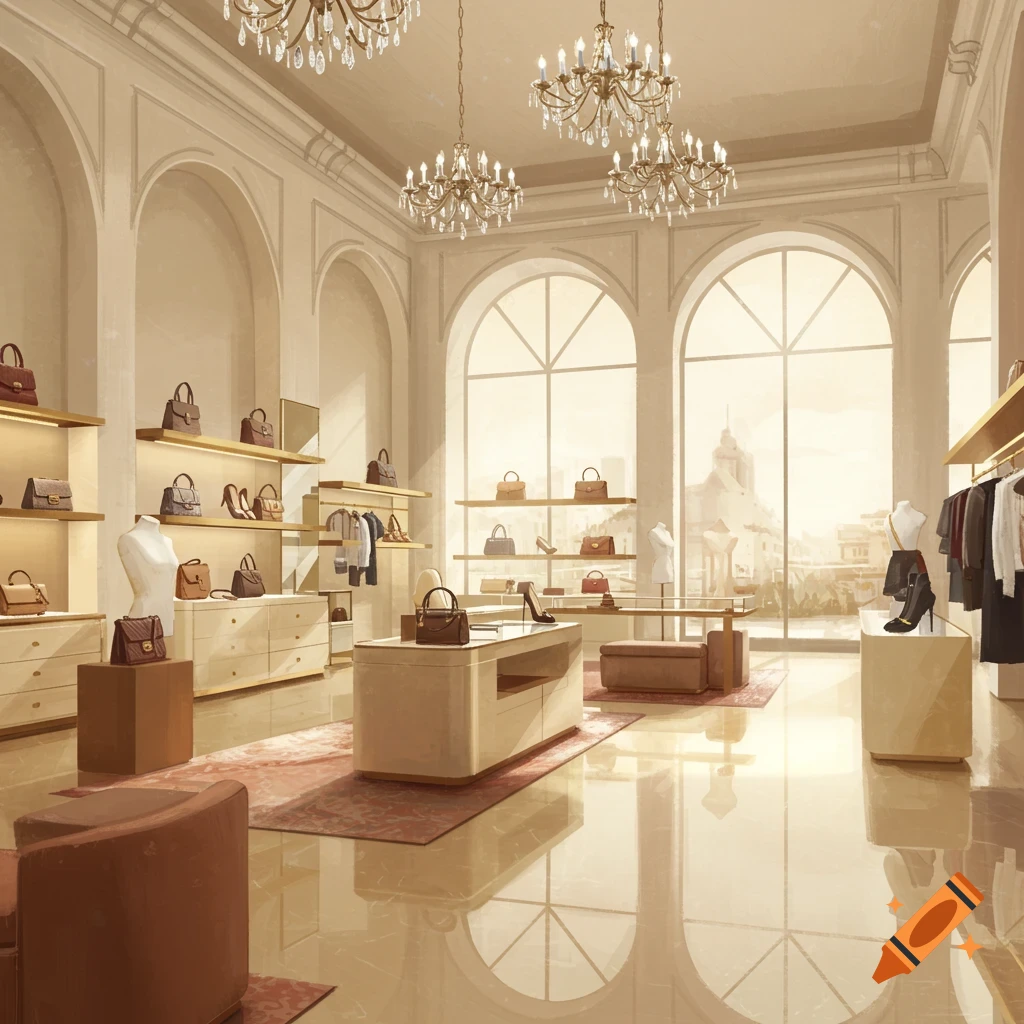 Interior of a luxury goods store with shelves of handbags and racks of clothing.