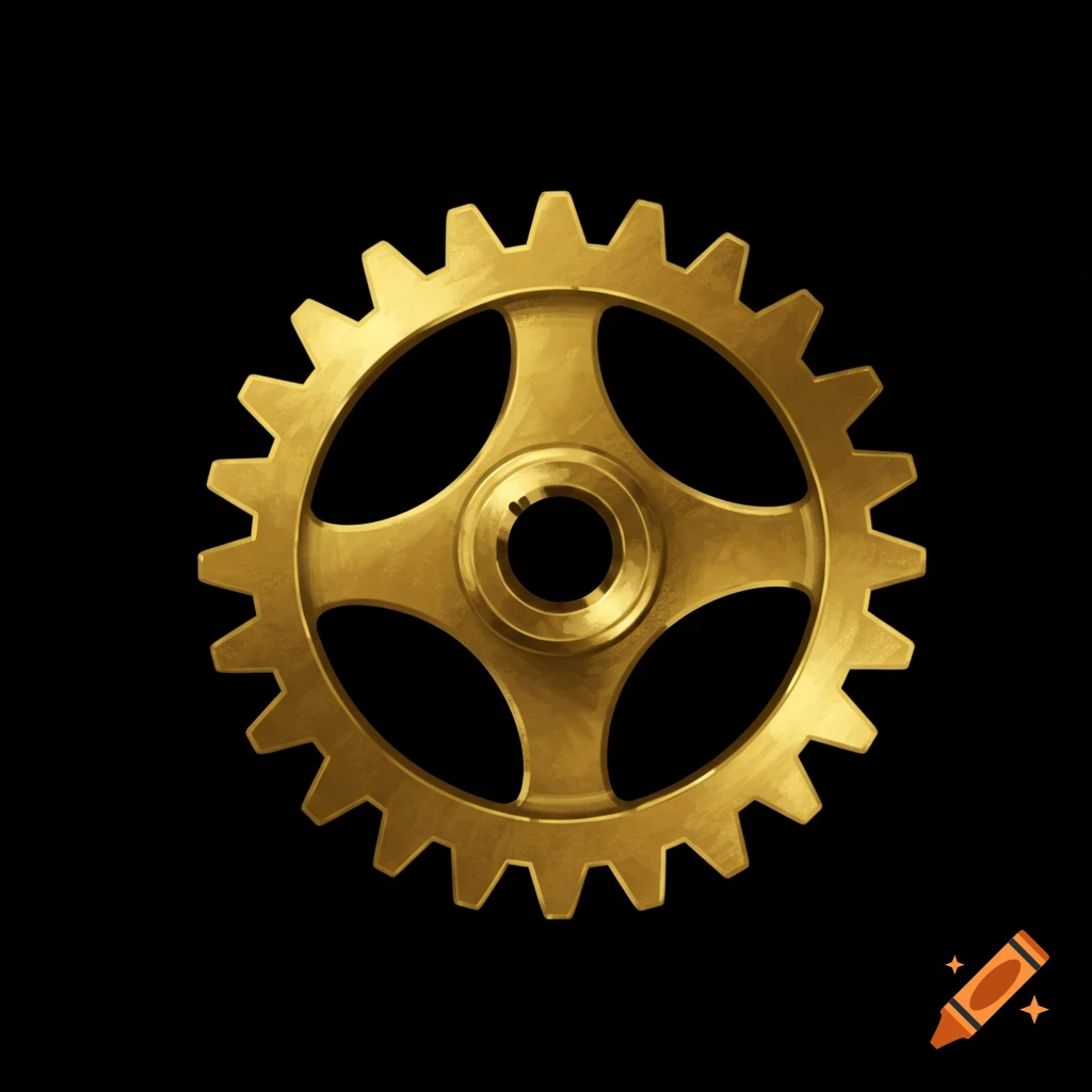 A single gold gear on a black background.