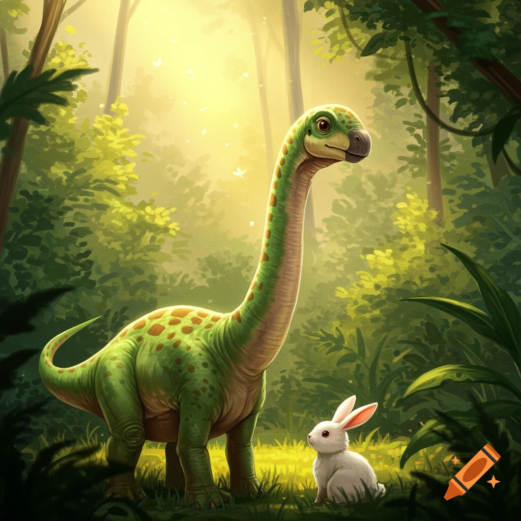 A long-necked baby dinosaur and a white bunny stand together in a sunlit forest clearing.