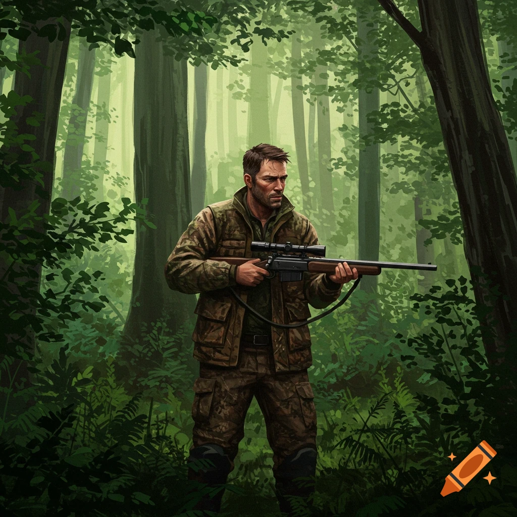 Image of a man in camouflage holding a rifle in a dense forest.