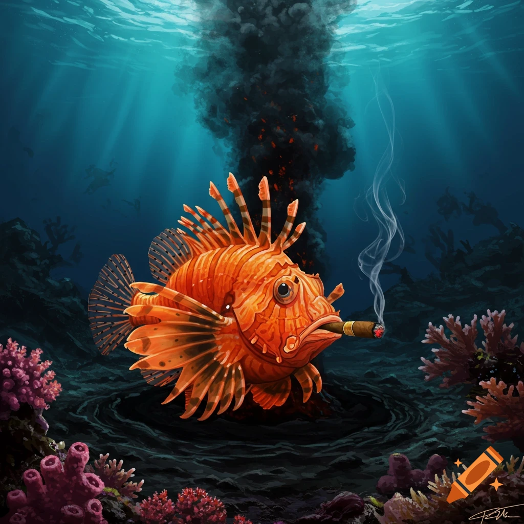 Illustration of a lionfish smoking a cigar underwater near a dark plume from the seafloor.