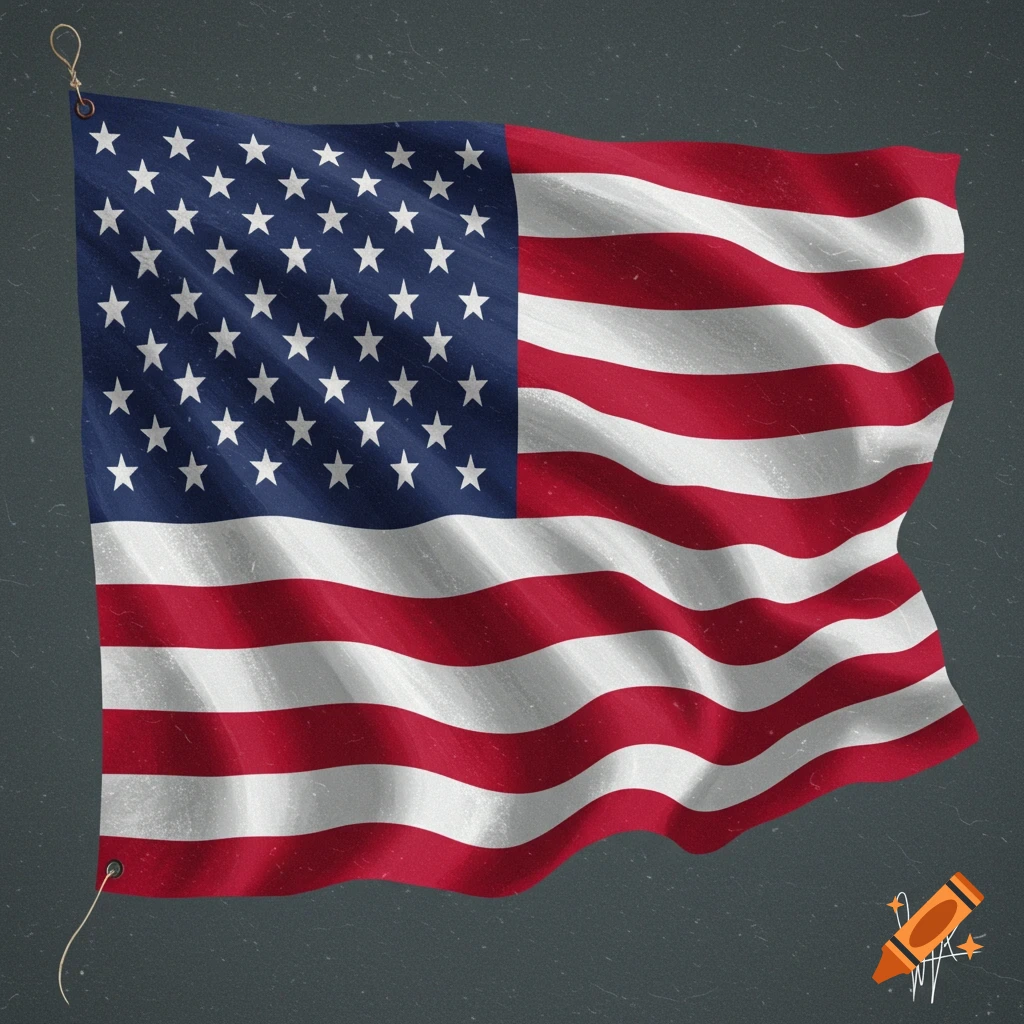A stylized, textured American flag waves against a dark grey background.