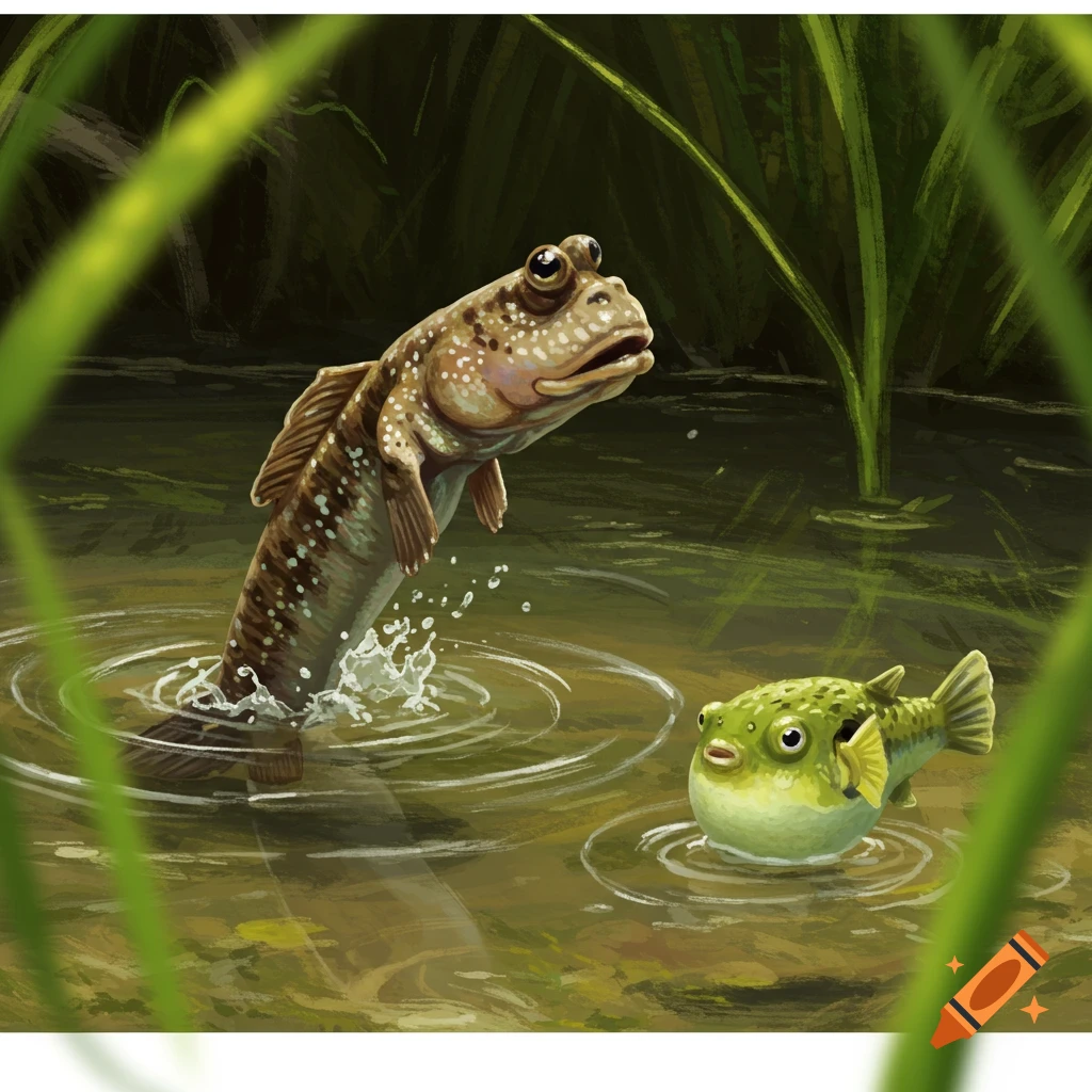 A mudskipper jumps from the water near a pea puffer.