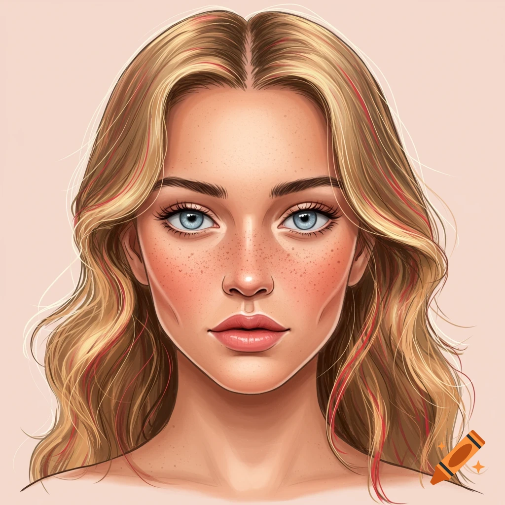 A drawing of a young woman's face with wavy blonde hair, blue eyes, and freckles.