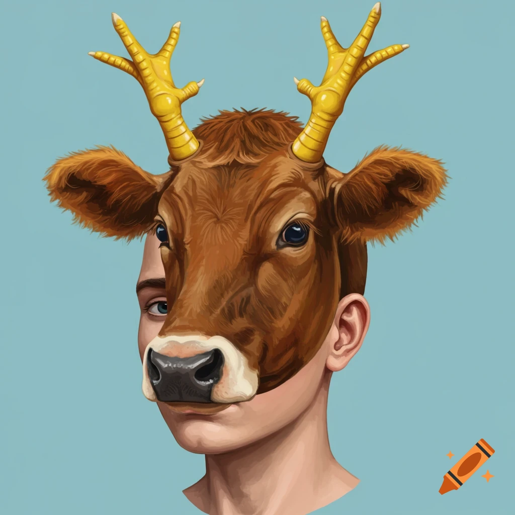 Surreal image of a human head with a cow face mask and chicken feet antlers on a blue background.