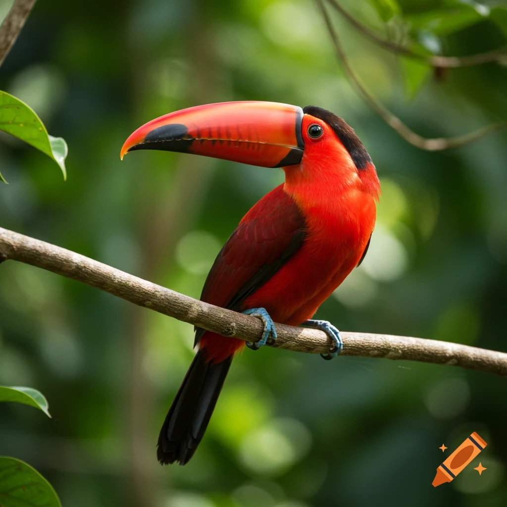 A bright red toucan with a large orange-red beak sits on a branch in a jungle.