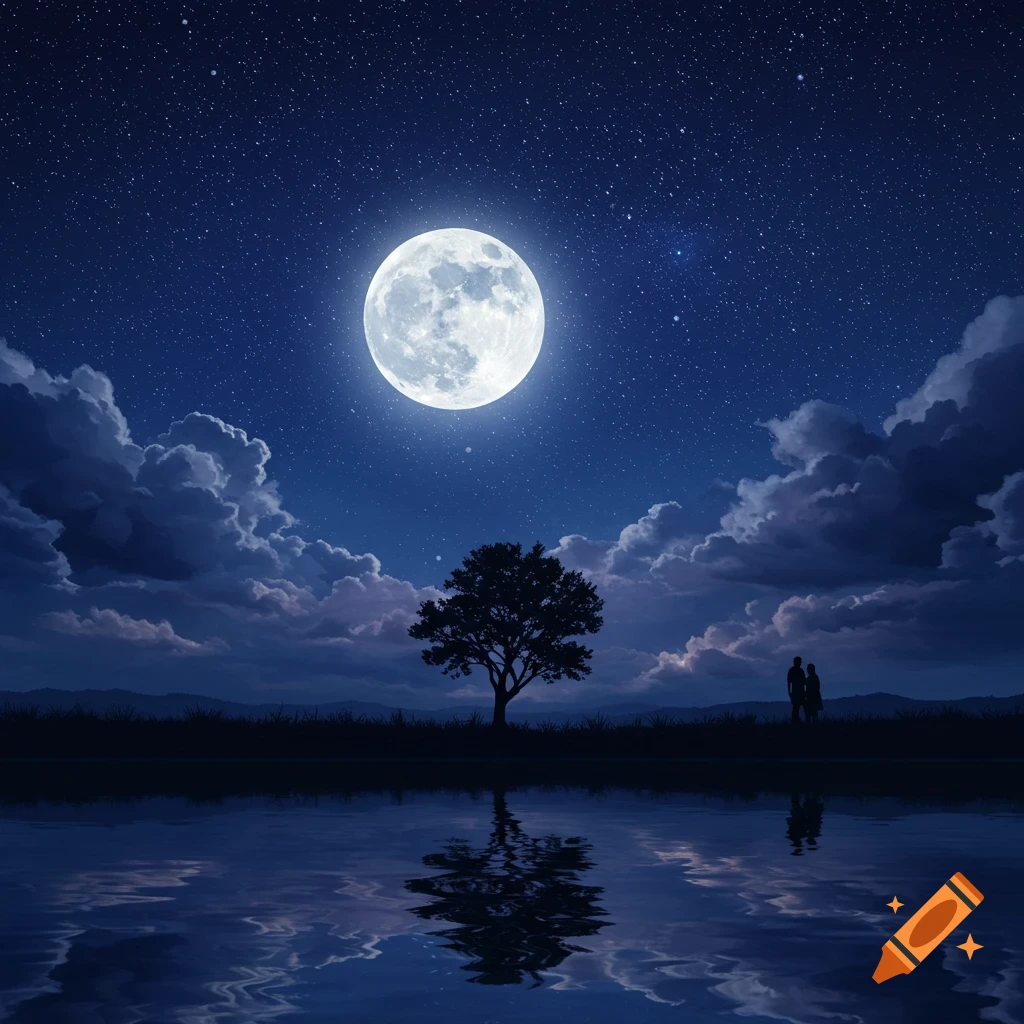 A couple stands under a bright full moon beside a lake reflecting the starry night sky.
