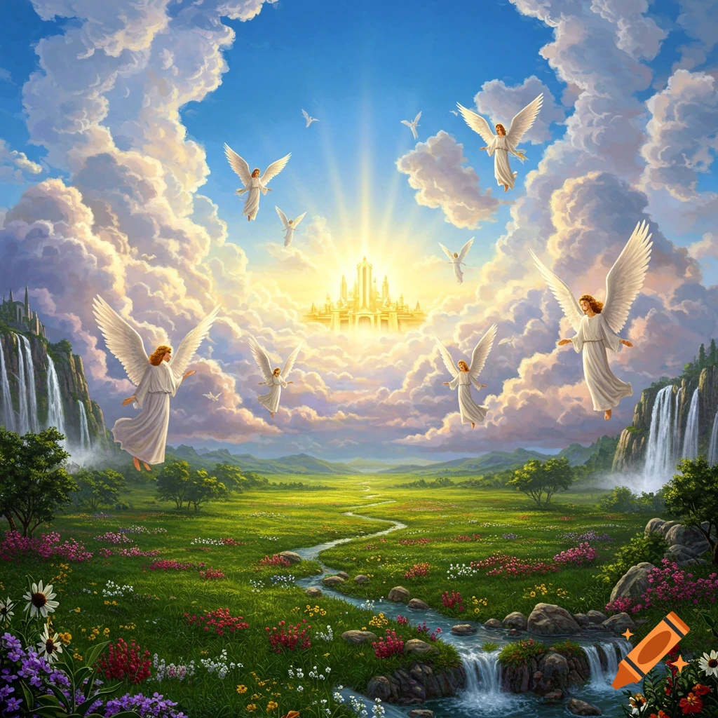 Angels fly over a serene landscape with waterfalls and a glowing city in the sky.
