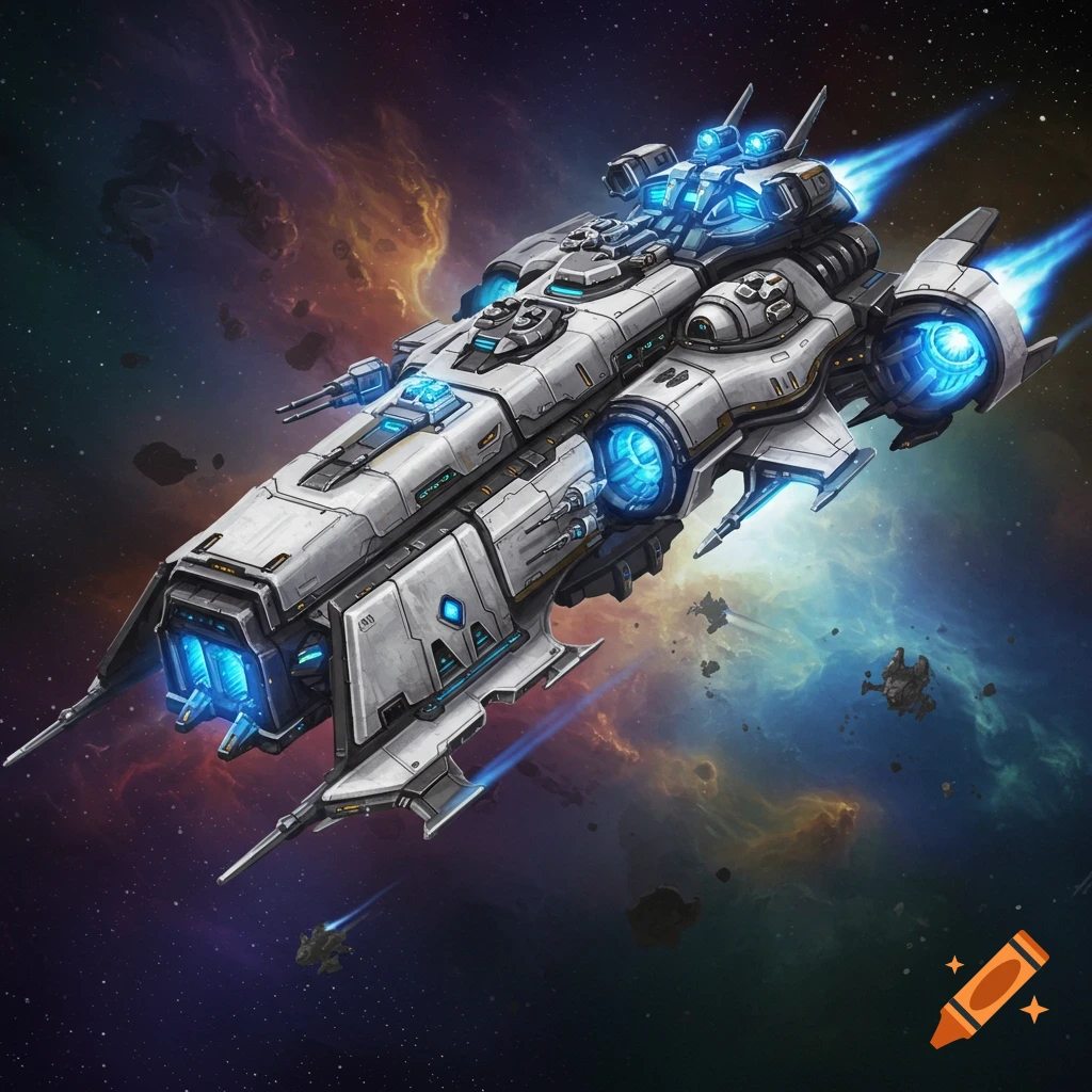 A Starcraft 1 battlecruiser flying through a colorful nebula in space.