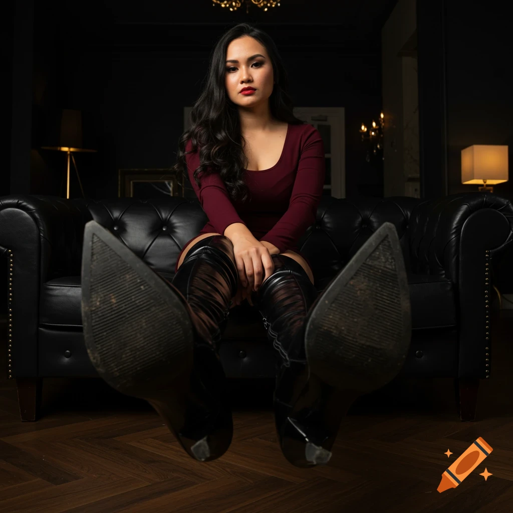 A woman in a red dress and black thigh-high boots sits on a black leather couch, showing the soles of her boots.