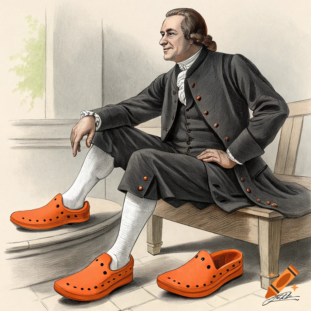 Illustration of John Hancock in historical clothing sitting on a bench wearing bright orange Crocs.