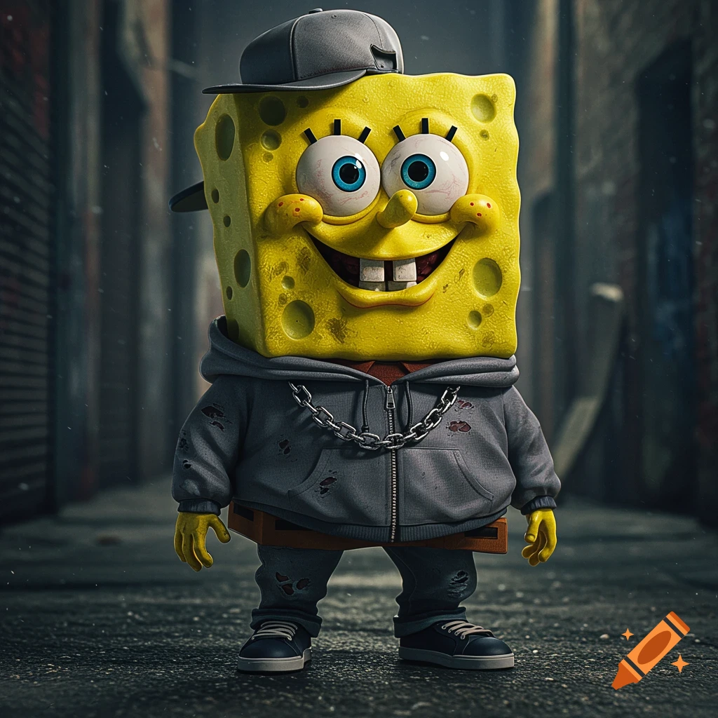 SpongeBob SquarePants in a gritty urban alley, wearing a grey hoodie, backward cap, and chain.
