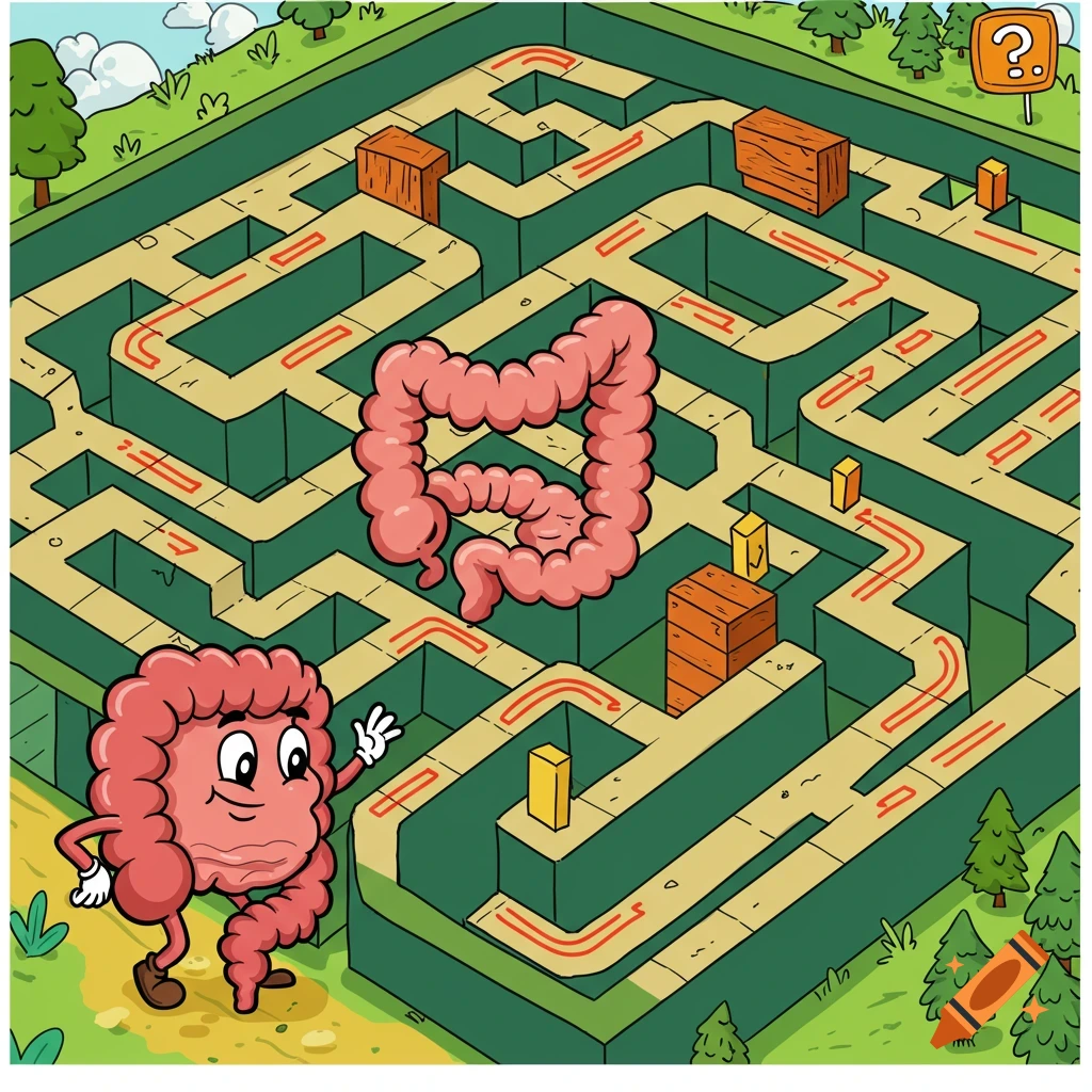 Cartoon intestine character navigating a maze