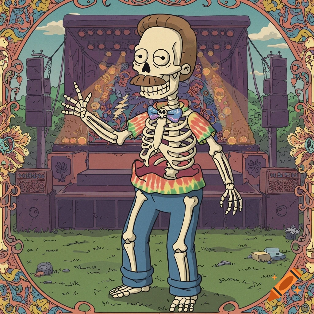 Cartoon skeleton resembling Ned Flanders in tie-dye shirt at a psychedelic concert with decorative border.