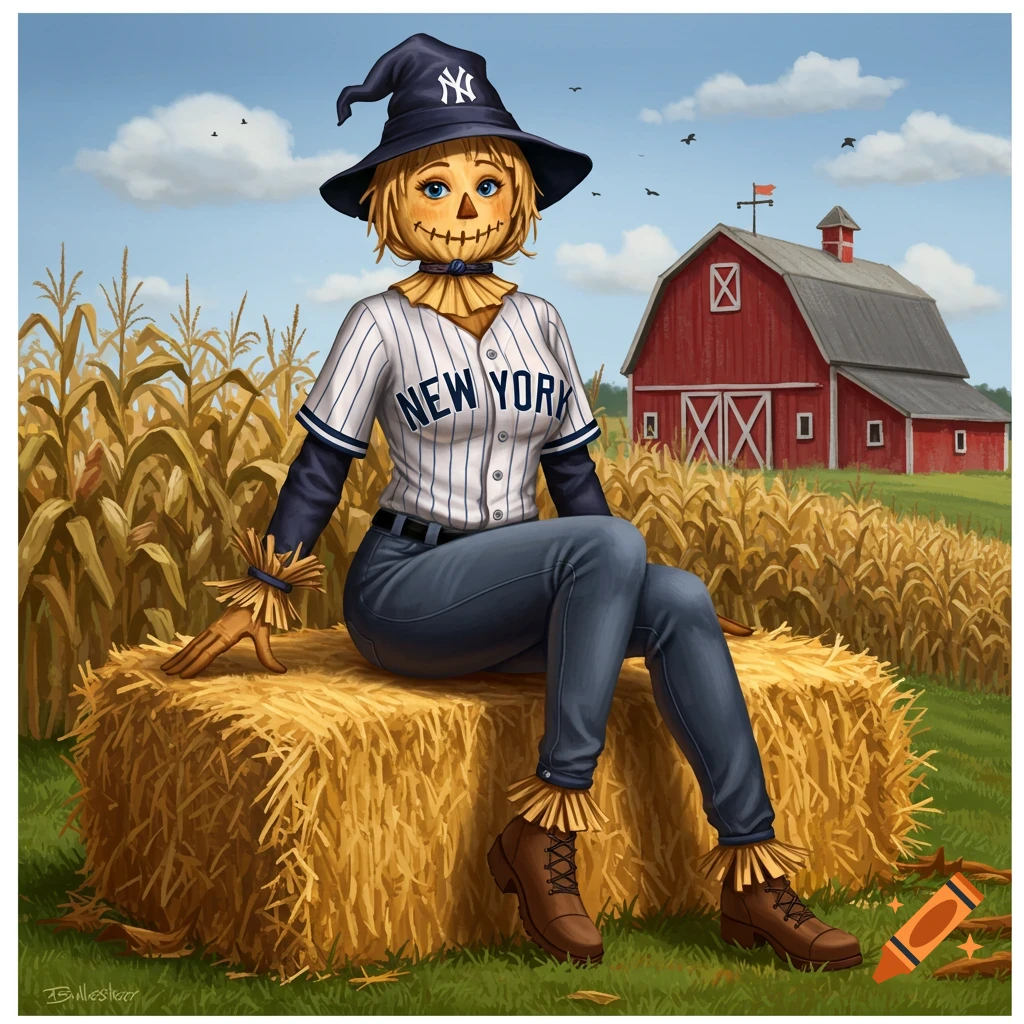 A lady scarecrow wearing a New York Yankees jersey and cap, sitting on a hay bale in a corn field with a red barn.