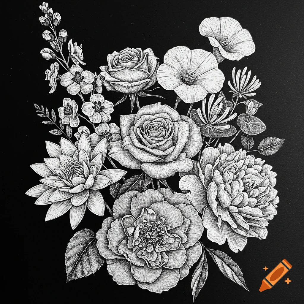Black and white pen drawing of a detailed flower bouquet.