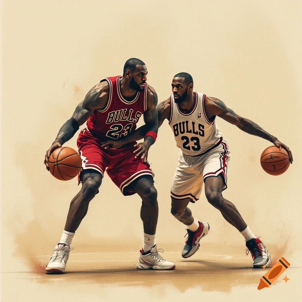 Two basketball players in Chicago Bulls jerseys dribbling.